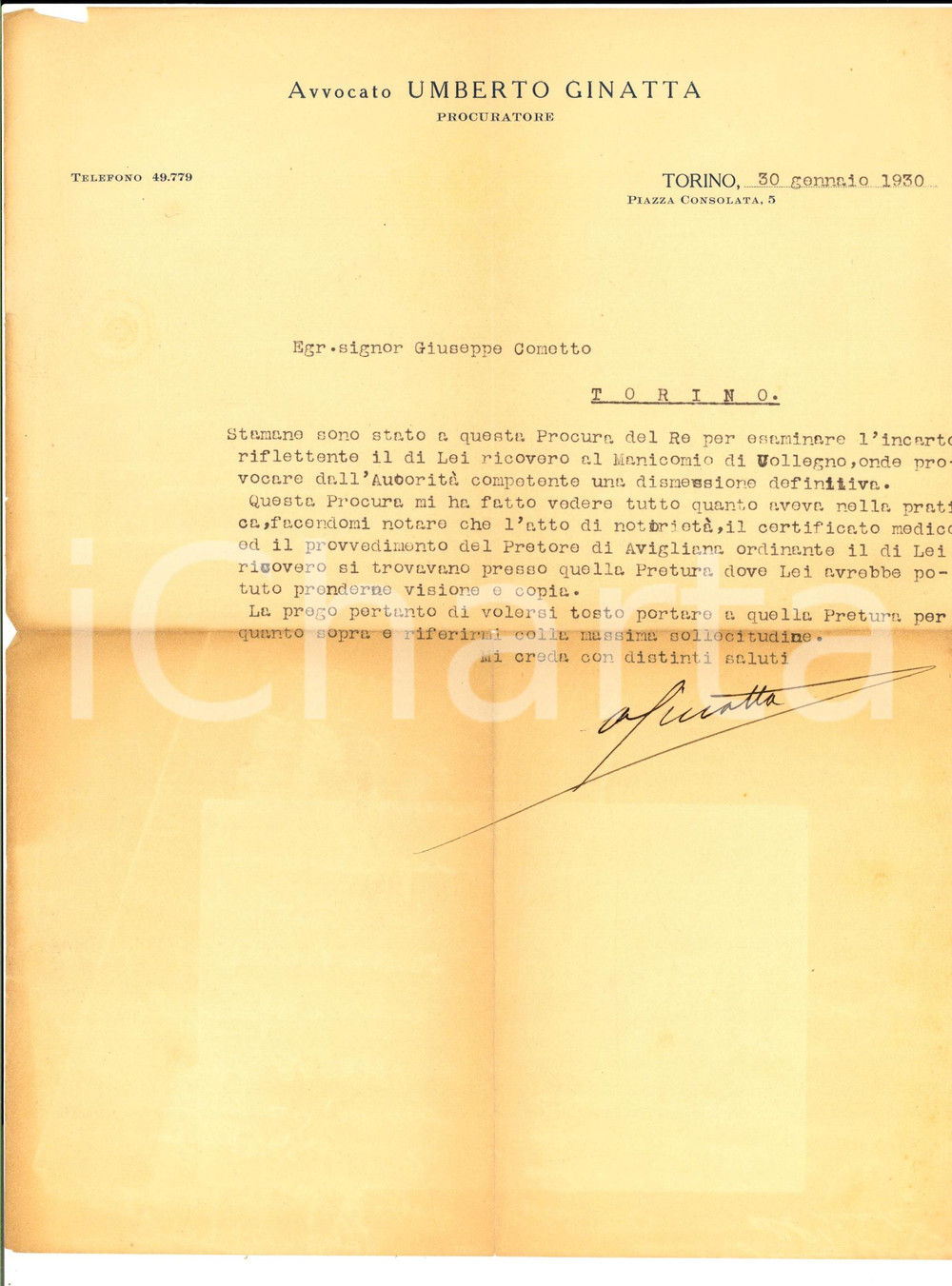 Documento originale, autentico 1930 TORINO Avv. Umberto GINATTA su ricovero Giuseppe COMETTO al Regio Manicomio 1