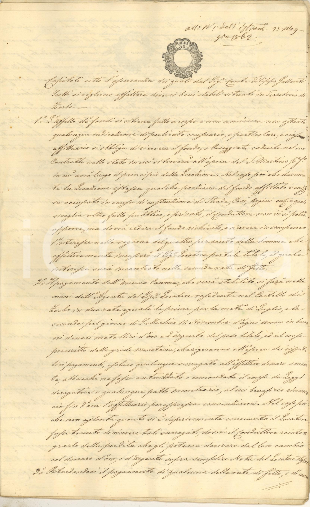Documento originale, autentico 1862 ZERBO PV Capitolato affitto a Maria Maddalena PIETRA terre Manoscritto 1
