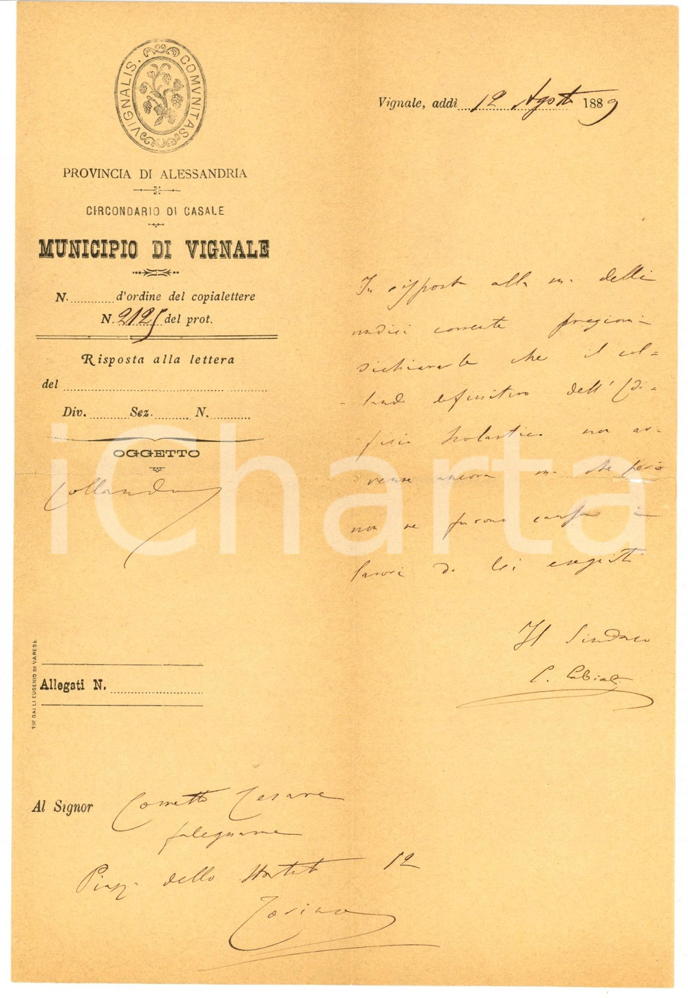 Documento originale, autentico 1889 VIGNALE MONFERRATO (AL) Sindaco CABIATI su mancato collaudo scuola 1