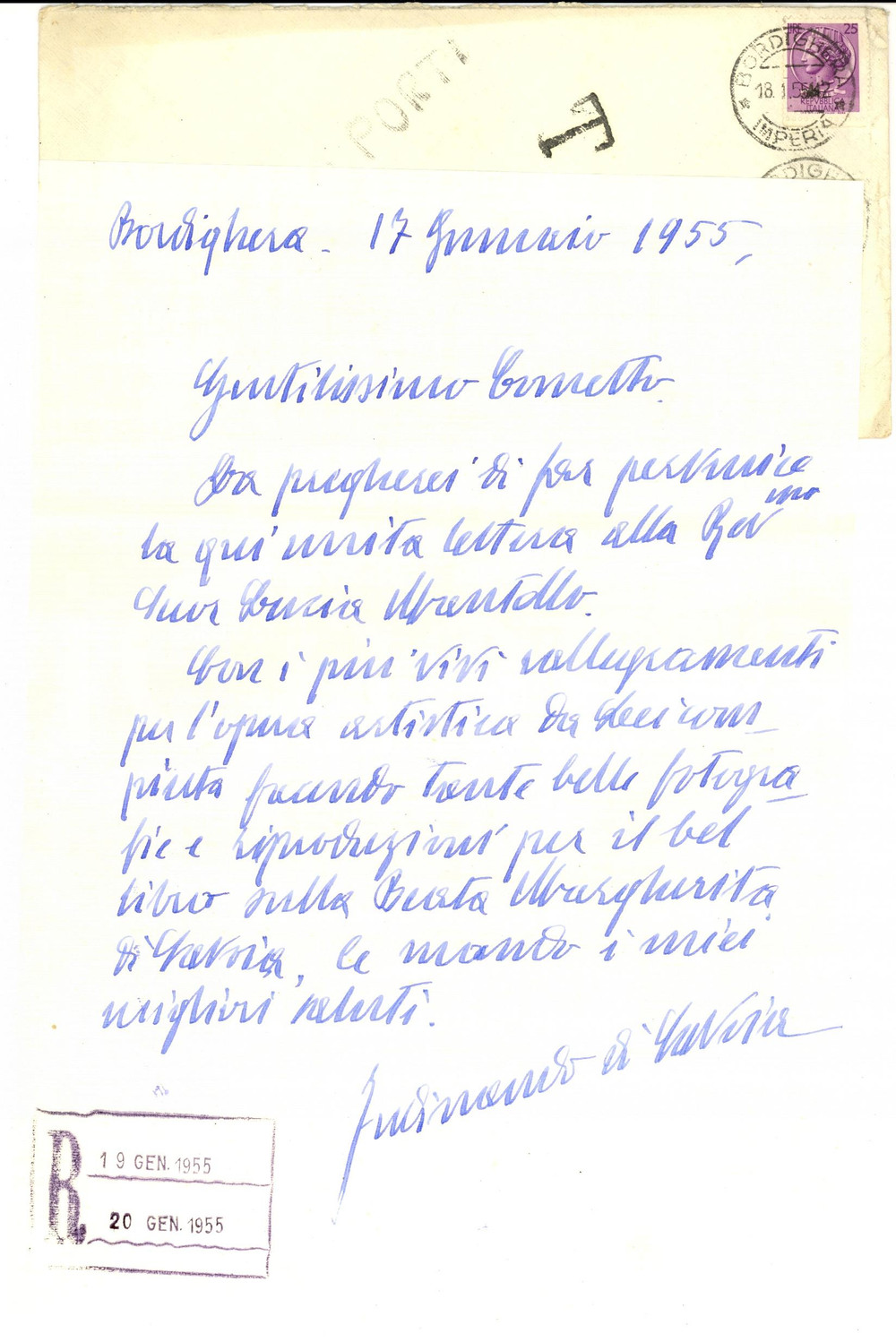 Autografo originale 1955 BORDIGHERA Ferdinando di SAVOIAGENOVA su libro Beata Margherita AUTOGRAFO 1