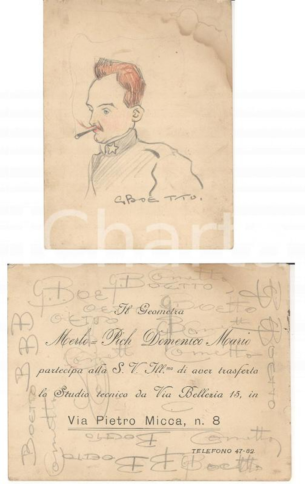 Opera d’arte autentica 1930 ca TORINO Disegno pittore Giulio BOETTO Ritratto Duca d AOSTA AUTOGRAFATO 1