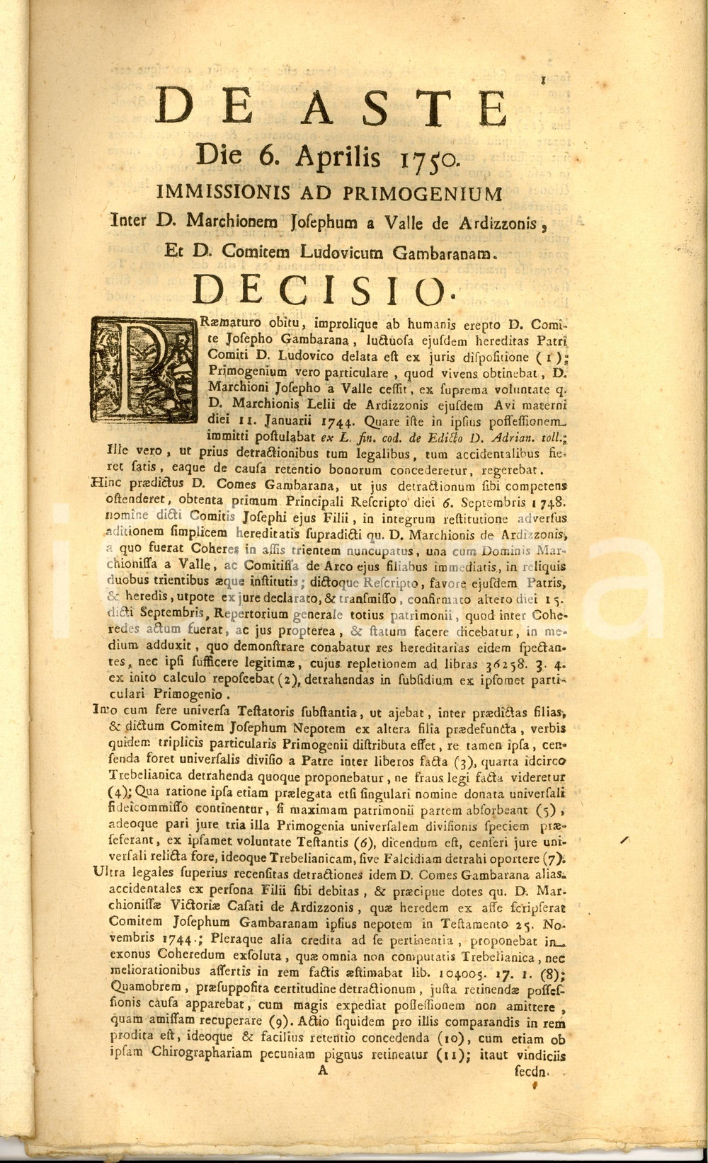 Documento originale, autentico 1750 TORINO Primogenitura Giuseppe DALLA VALLE ARDIZZONI vs Ludovico GAMBARANA 1