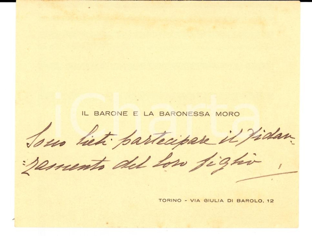 Oggetto da collezione cartaceo 1930 ca TORINO Biglietto per fidanzamento barone Alberto MORO AUTOGRAFO 1