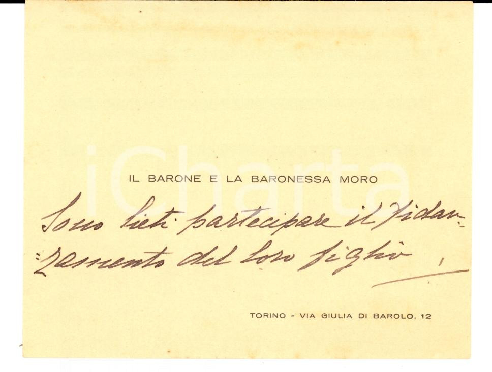 Oggetto da collezione cartaceo 1930 ca TORINO Biglietto per fidanzamento barone Alberto MORO AUTOGRAFO 1