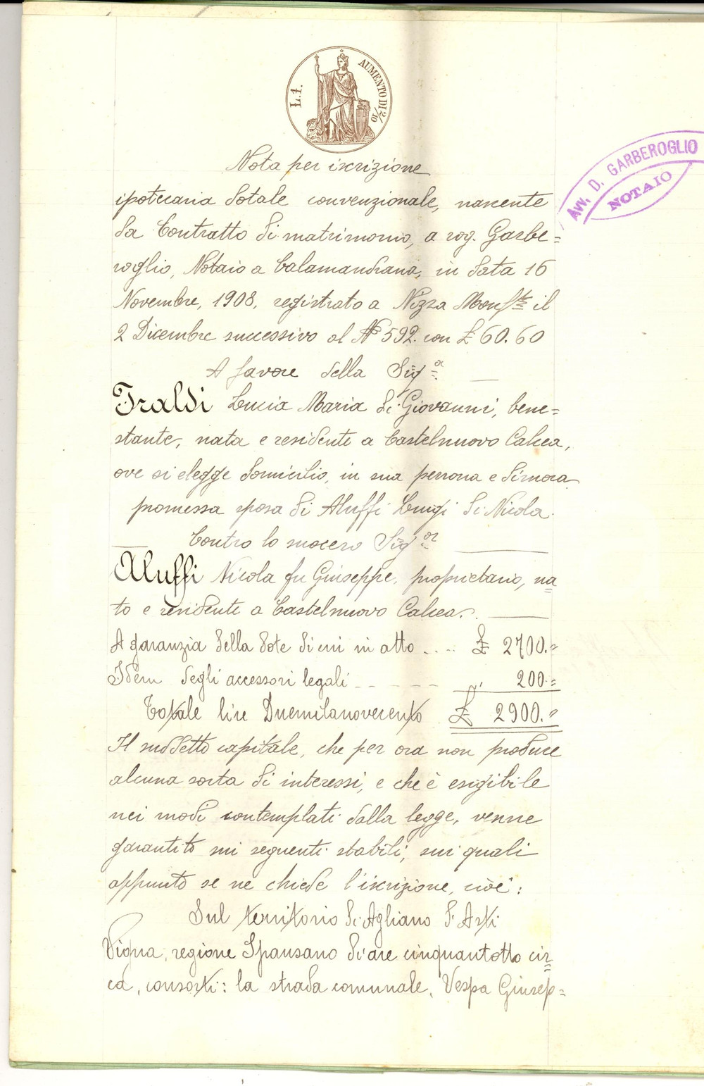 Documento originale, autentico 1908 CASTELNUOVO CALCEA (AT) Contratto nozze Maria Lucia IRALDI - Nicola ALUFFI 1