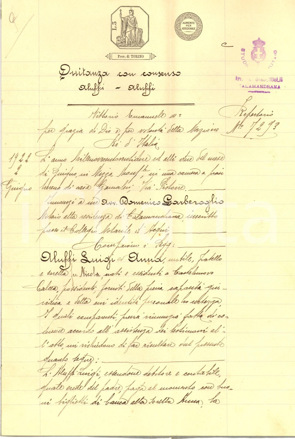Documento originale, autentico 1922 CASTELNUOVO CALCEA (AT) Fratelli Luigi e Anna ALUFFI divisione ereditaria 1