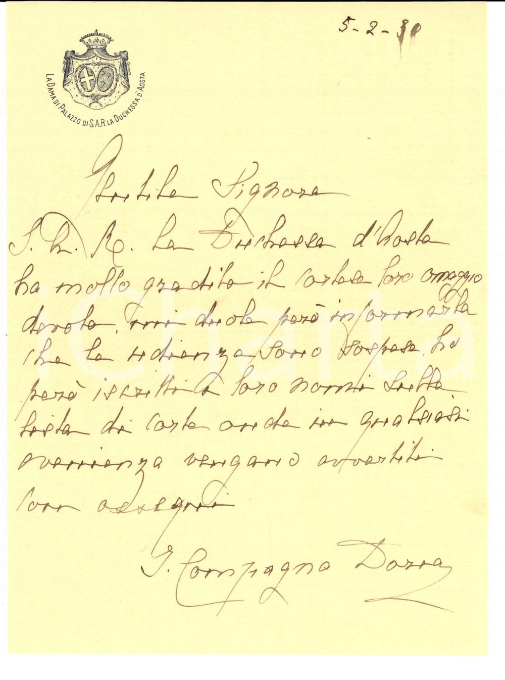 Autografo originale 1930 TORINO Isabella COMPAGNA DORIA su udienza Duchessa di AOSTA Autografo 1