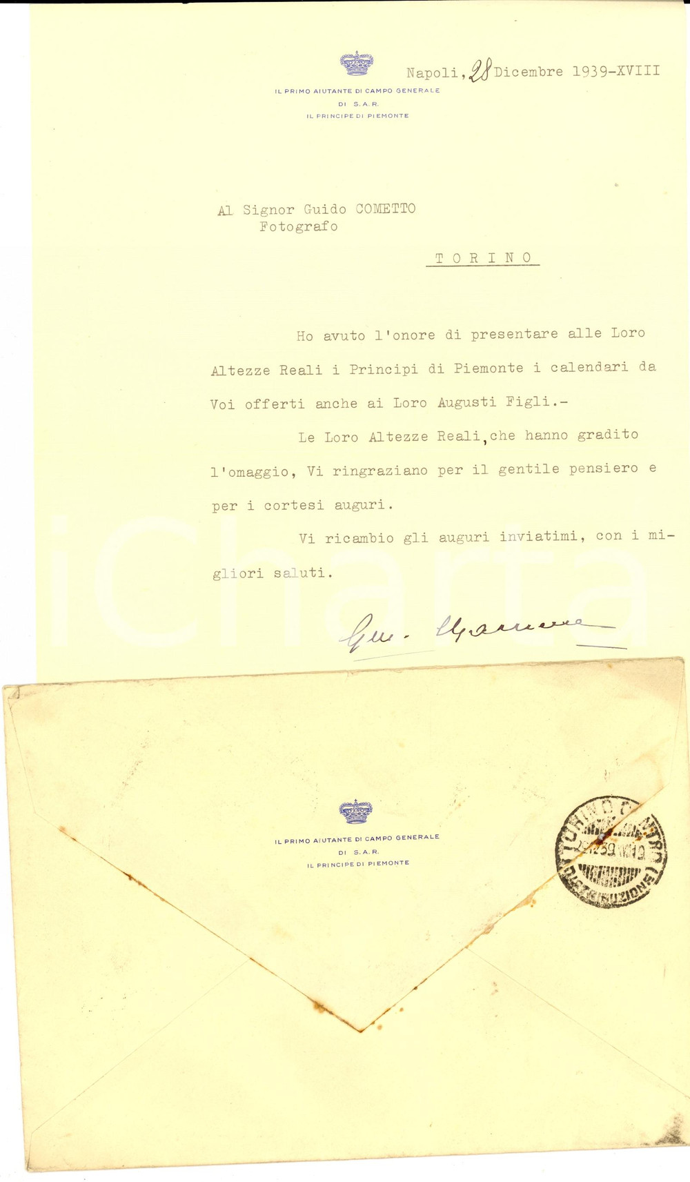 Autografo originale 1939 TORINO Lettera gen. Emilio GAMERRA per Principe di Piemonte Autografo 1