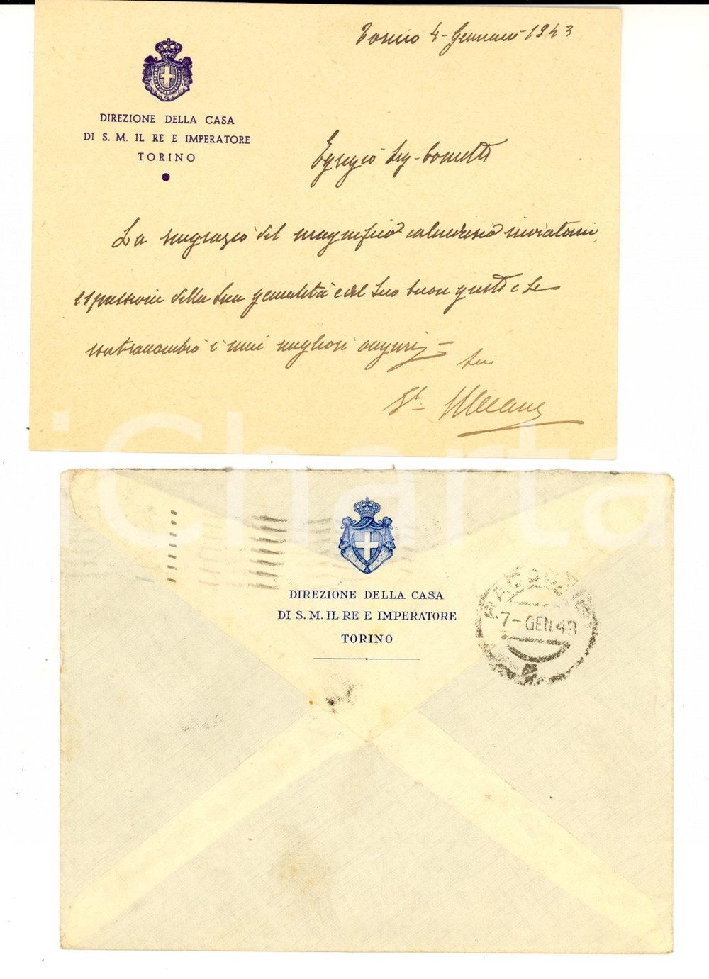Autografo originale 1943 TORINO Giovanni AMICO DI MEANE Direzione Casa di S. M. il Re AUTOGRAFO 1