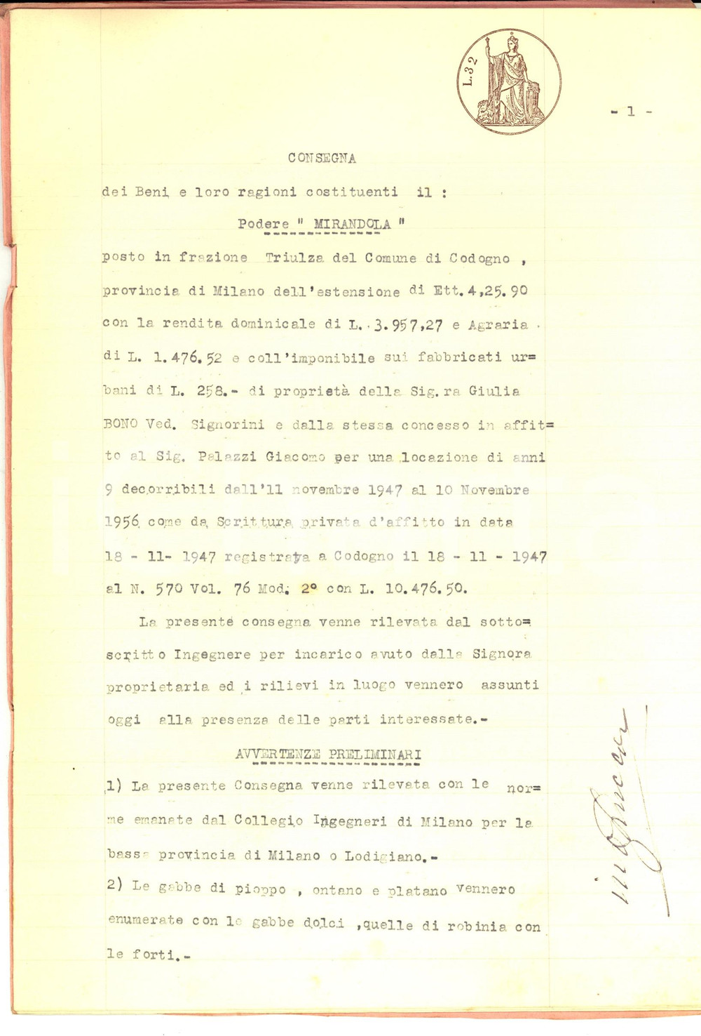 Documento originale, autentico 1951 TRIULZA CODOGNO LO Relazione consegna podere MIRANDOLA a Giacomo PALAZZI 1