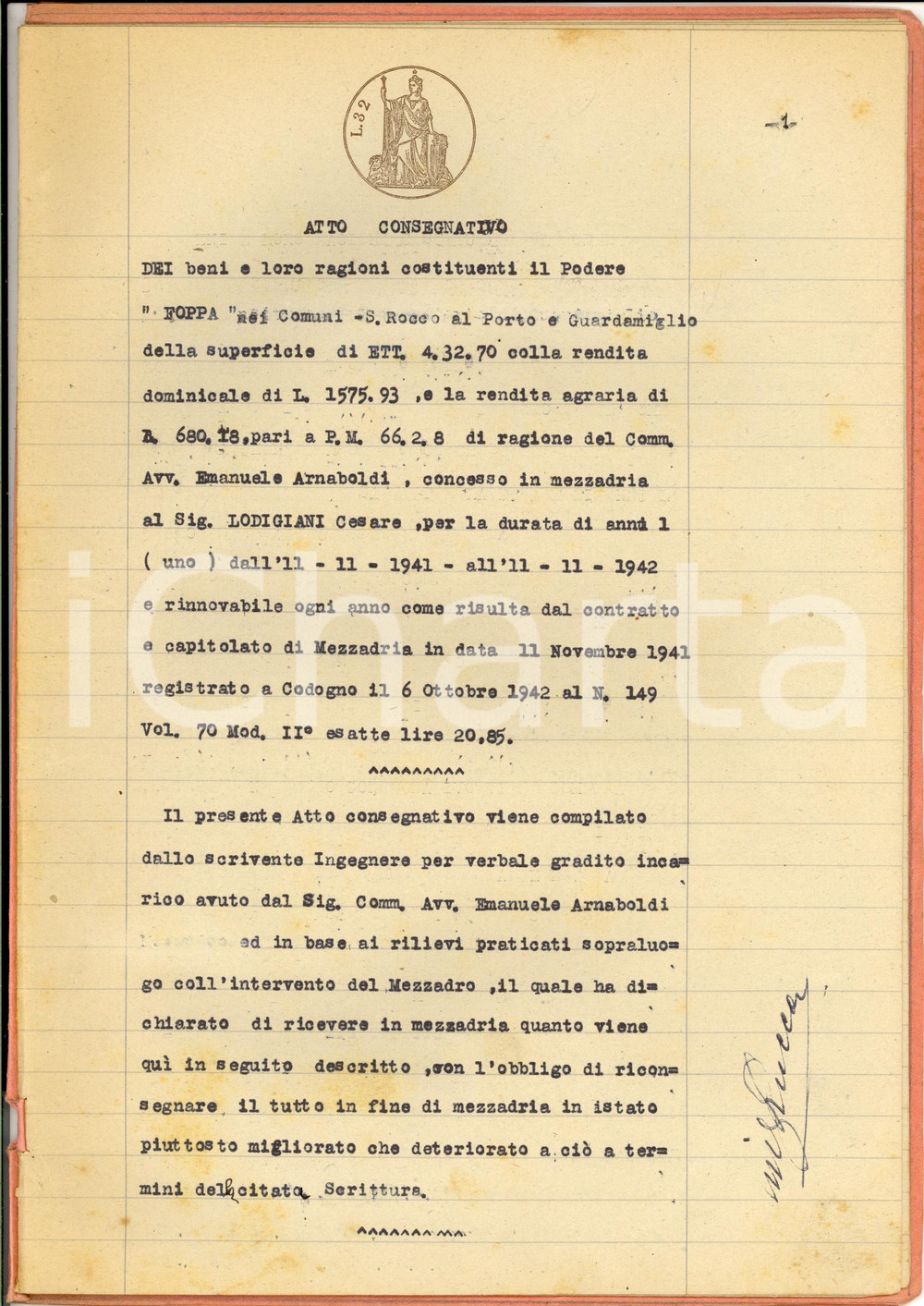 Documento originale, autentico 1951 SAN ROCCO AL PORTO LO Consegna podere FOPPA a Cesare LODIGIANI mezzadro 1