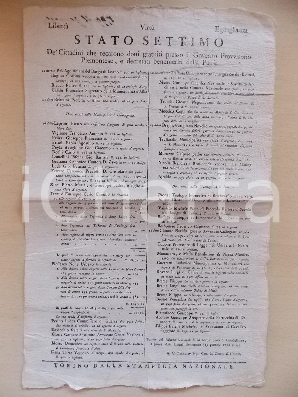 Documento originale, autentico 1799 REPUBBLICA PIEMONTESE Benemeriti che recarono doni al Governo *Manifesto 1