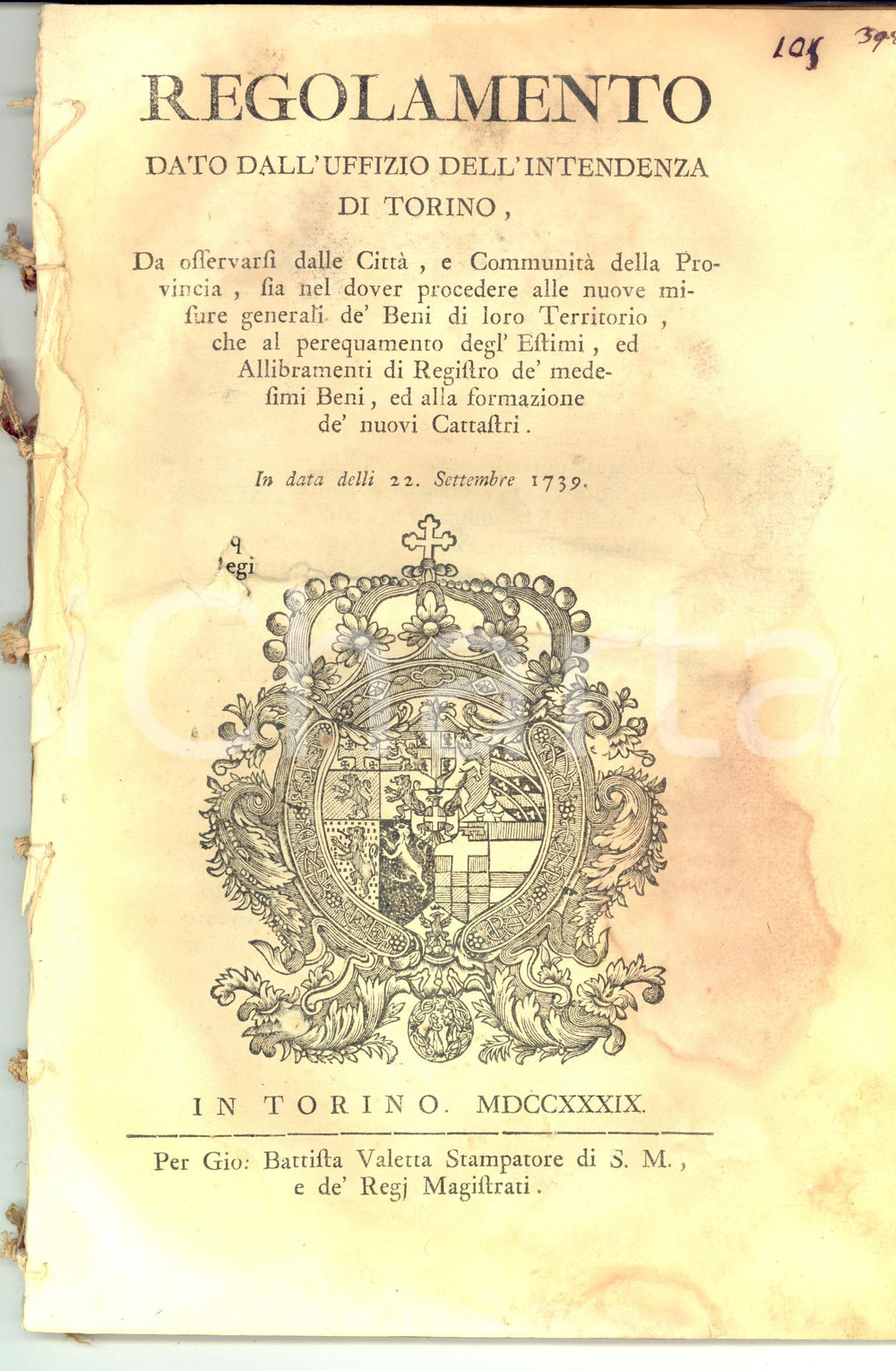 Documento originale, autentico 1739 REGNO DI SARDEGNA TORINO Regolamento estimi e NUOVO CATASTO *DANNEGGIATO 1
