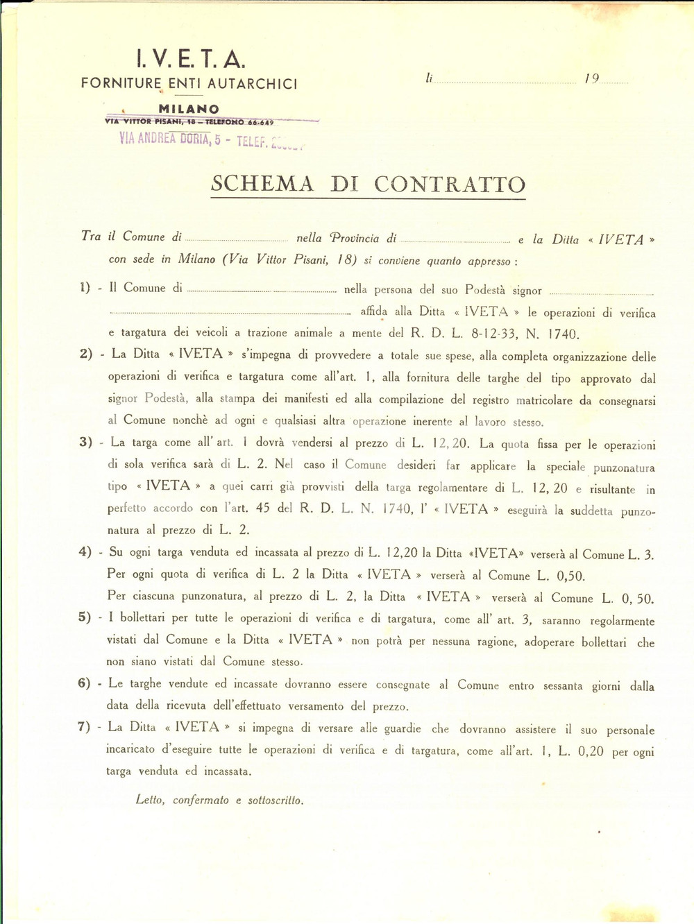 Documento originale, autentico 1930 ca MILANO Ditta IVETA Modello contratto forniture targhe a Enti Autarchici 1