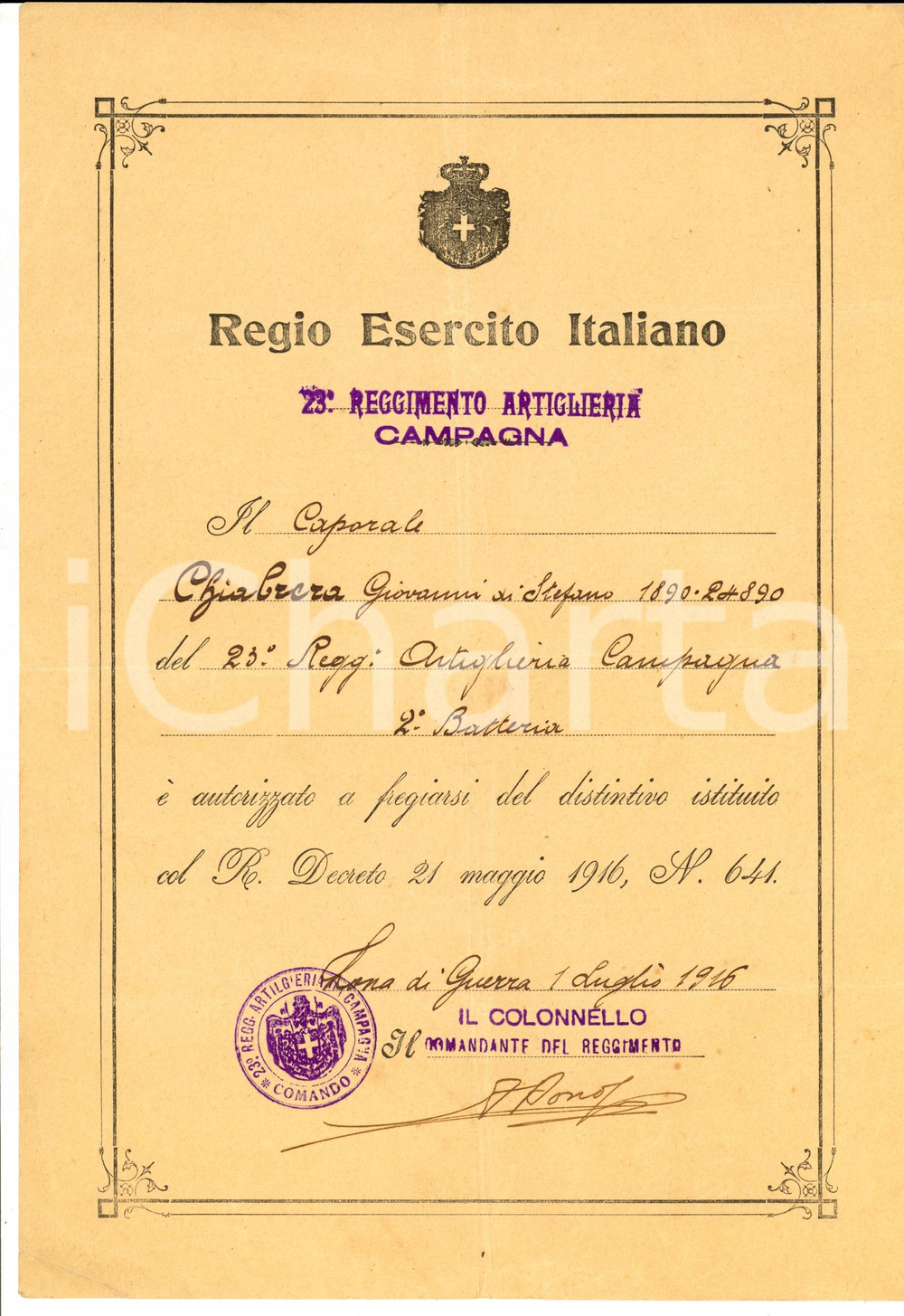 Documento originale, autentico 1916 WW1 Giovanni CHIABRERA 23° Artiglieria Campagna Medaglia fatiche di guerra 1
