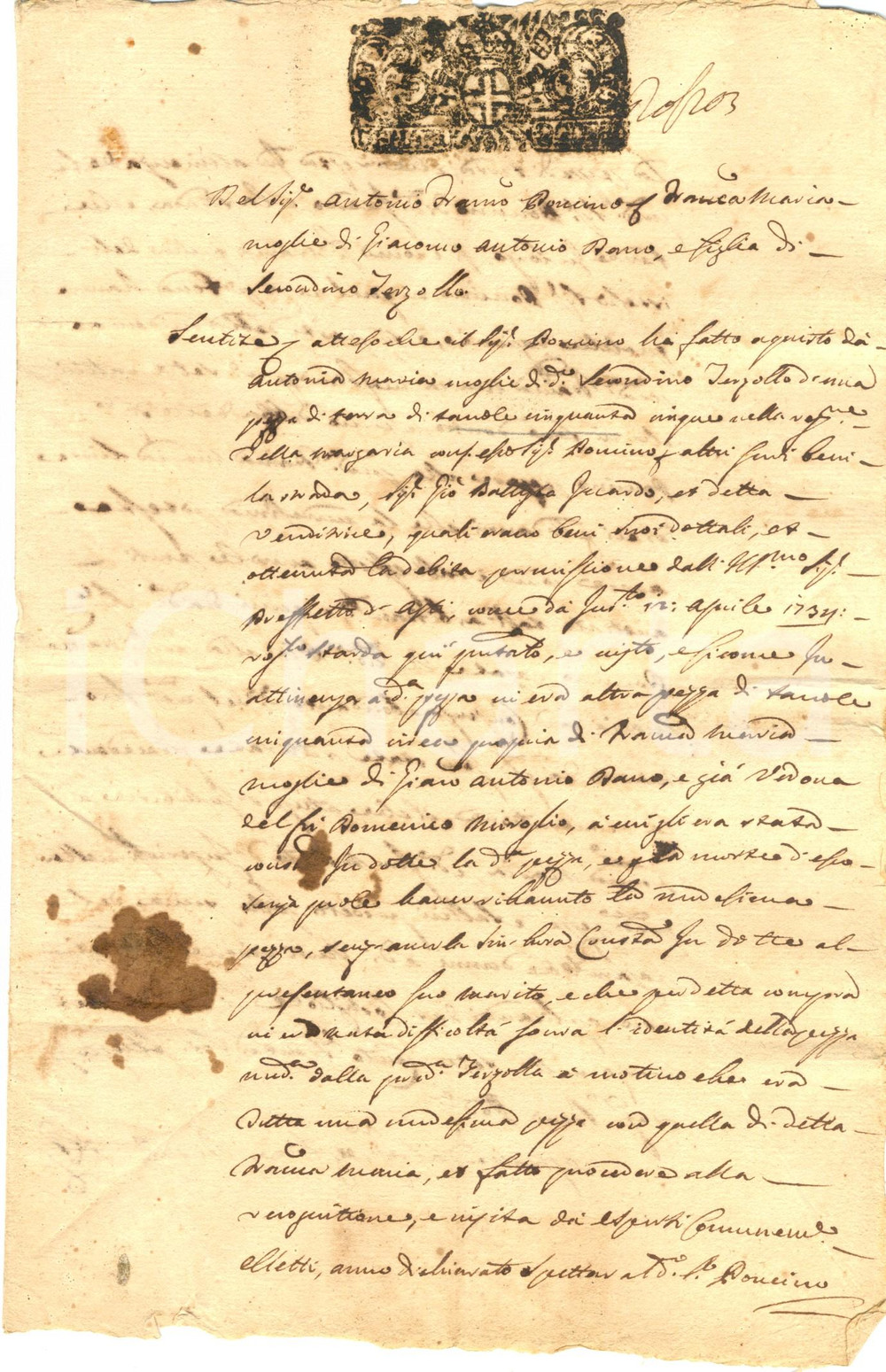 Documento originale, autentico 1735 COSTIGLIOLE D'ASTI Francesco PONCINO integra terra di Antonia TERZOLLO 1