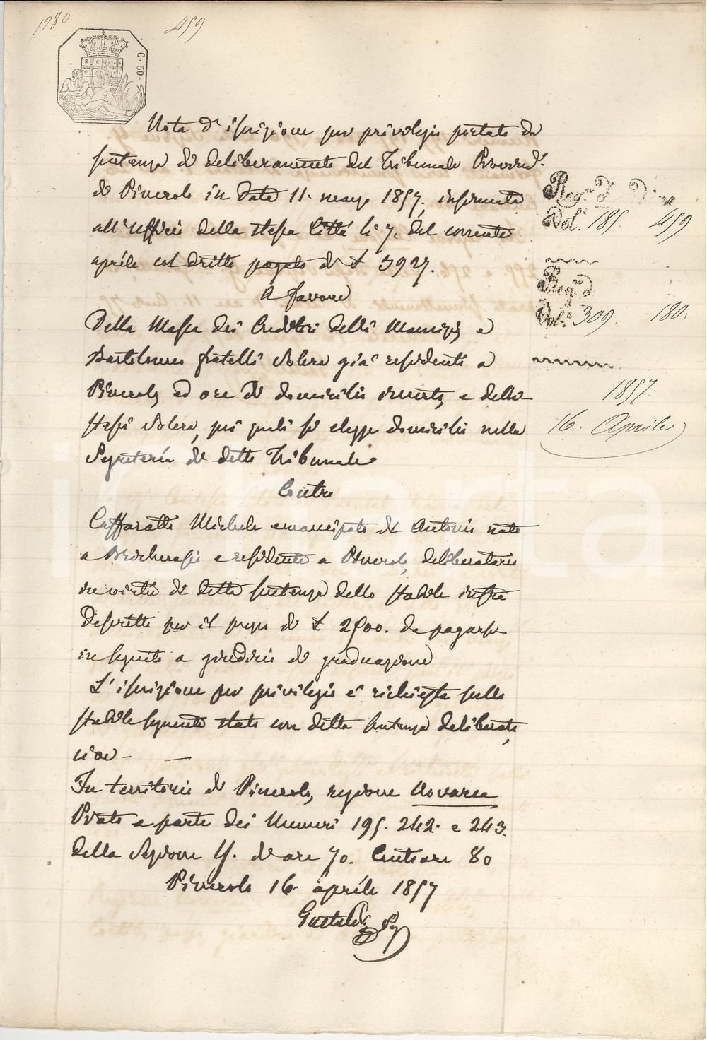 Documento originale, autentico 1857 PINEROLO (TO) Maurizio e Bartolomeo SOLERA vs Michele CAFFARATTO prato 1