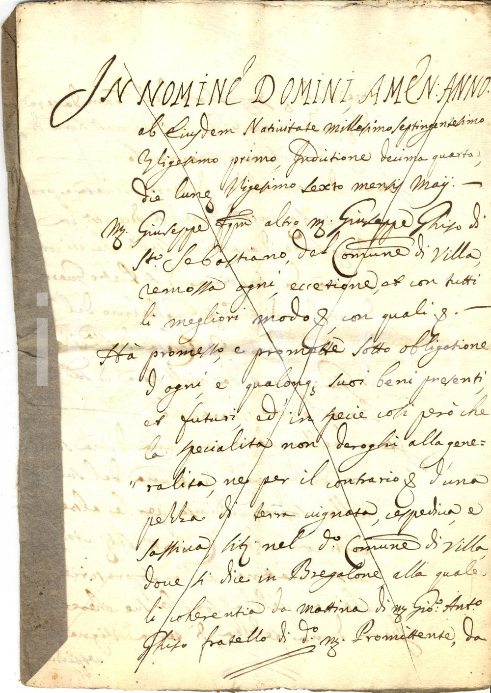 Documento originale, autentico 1721 VILLA DI CHIAVENNA Giuseppe GHISI affitta terre a BREGALONE Manoscritto 1