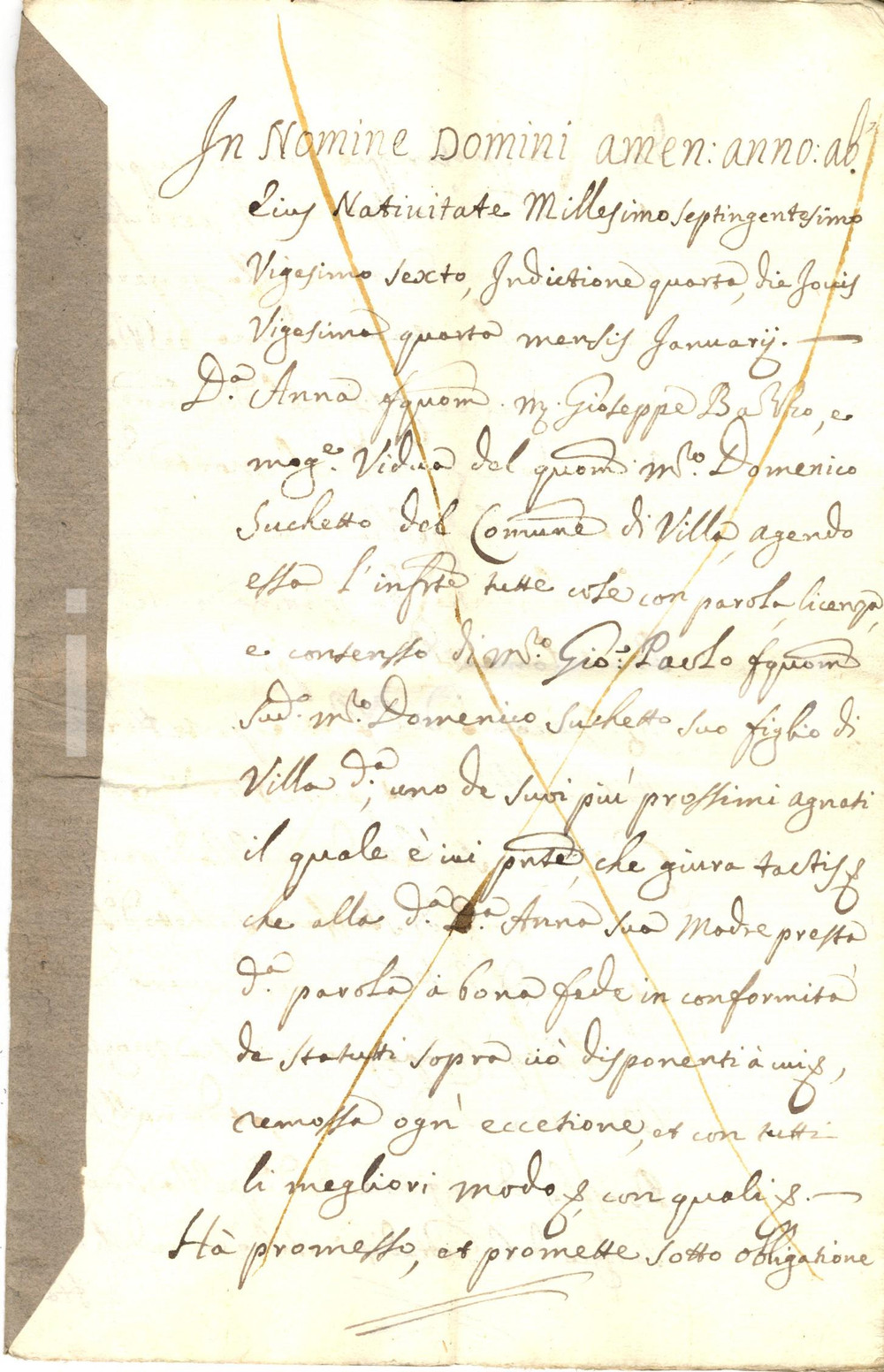 Documento originale, autentico 1726 VILLA DI CHIAVENNA (SO) Anna BAZZI impegna terra per Giacomo COMPAGNONE 1