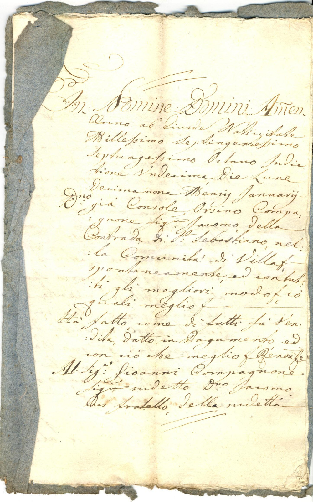 Documento originale, autentico 1778 VILLA DI CHIAVENNA (SO) Console Orsino COMPAGNONE vende casa al fratello 1