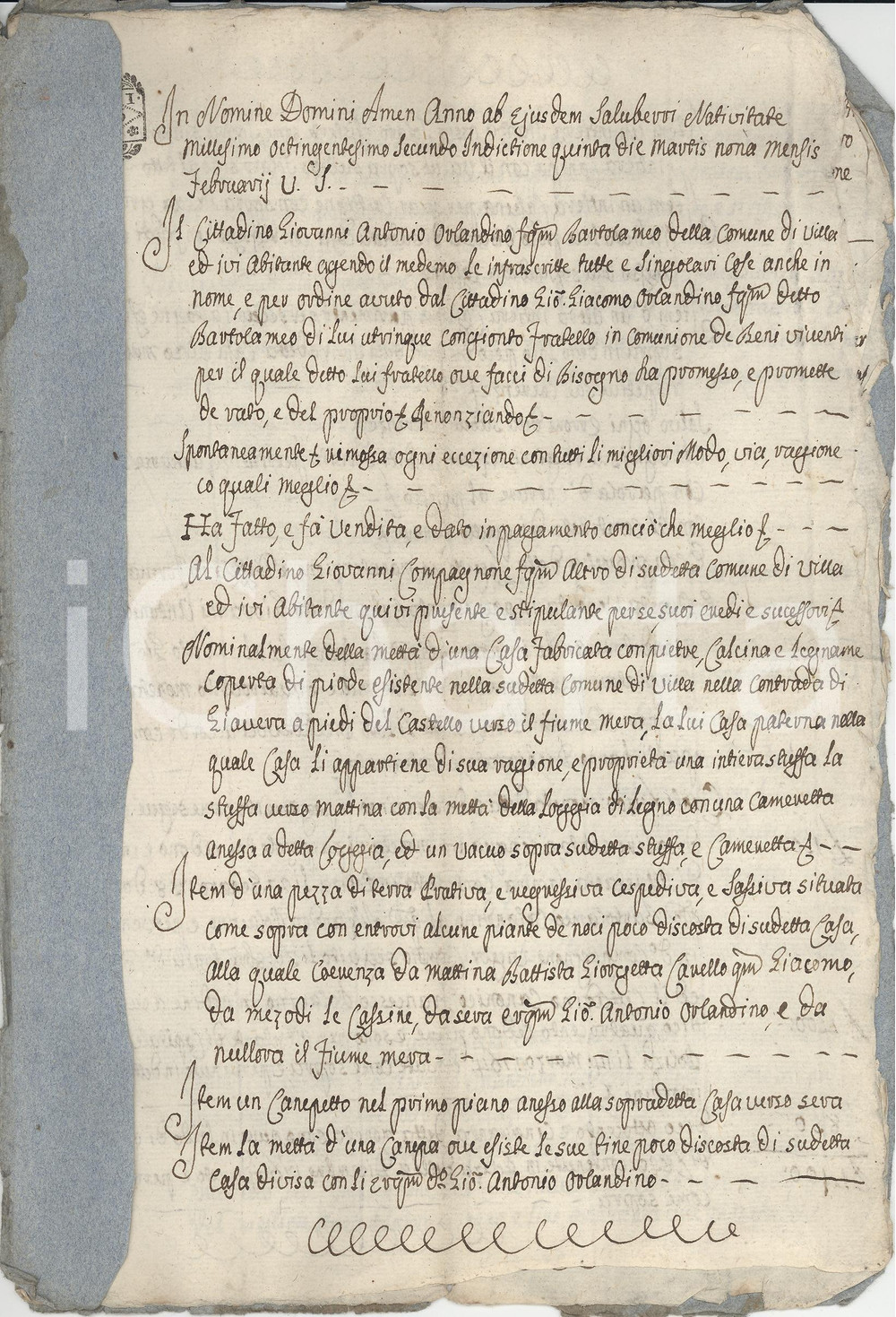 Documento originale, autentico 1802 VILLA DI CHIAVENNA (SO) Giovanni Antonio ORLANDINO vende casa a GIAVERA 1