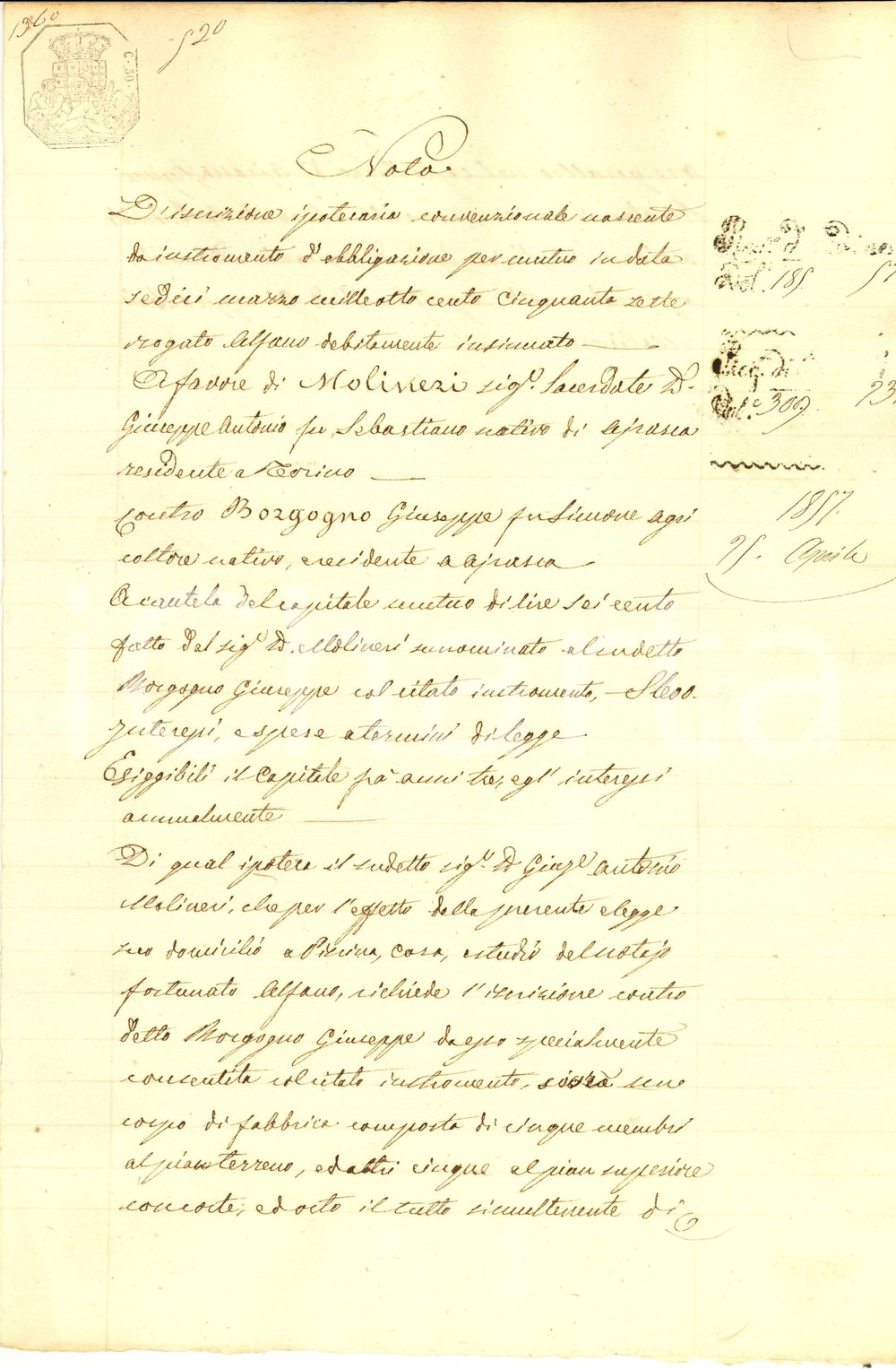 Documento originale, autentico 1857 AIRASCA (TO) Sacerdote Giuseppe Antonio MOLINERI vs Giuseppe BORGOGNO 1