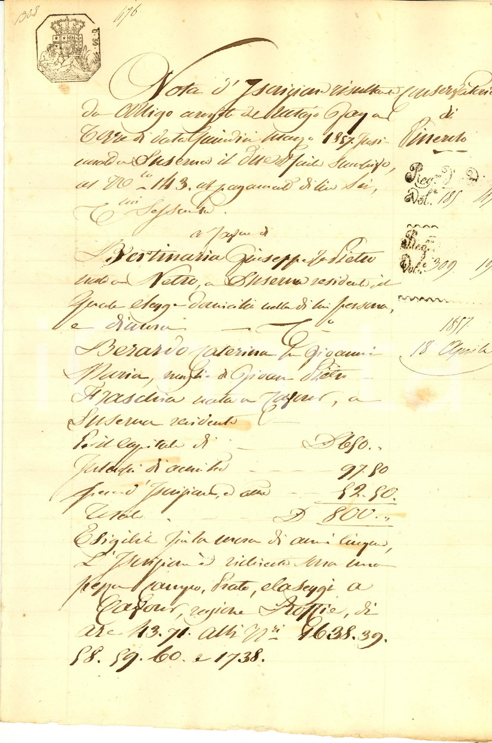 Documento originale, autentico 1857 LUSERNA SAN GIOVANNI TO Iscrizione Giuseppe BERTINARIA vs Caterina BERARDO 1
