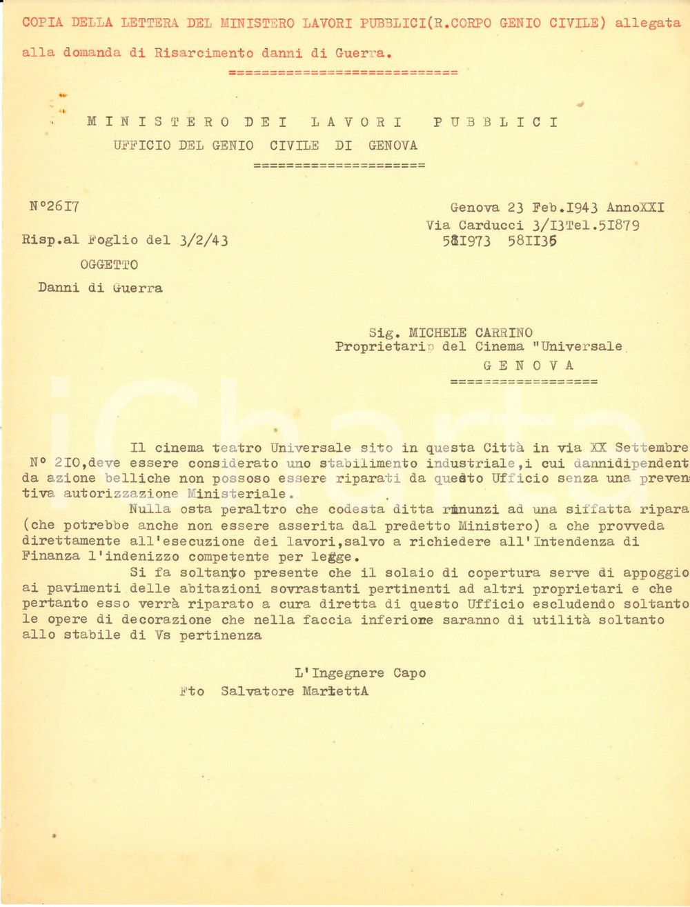 Documento originale, autentico 1943 WW2 MINCULPOP GENOVA Restauri al Cinema UNIVERSALE dopo bombardamenti 1