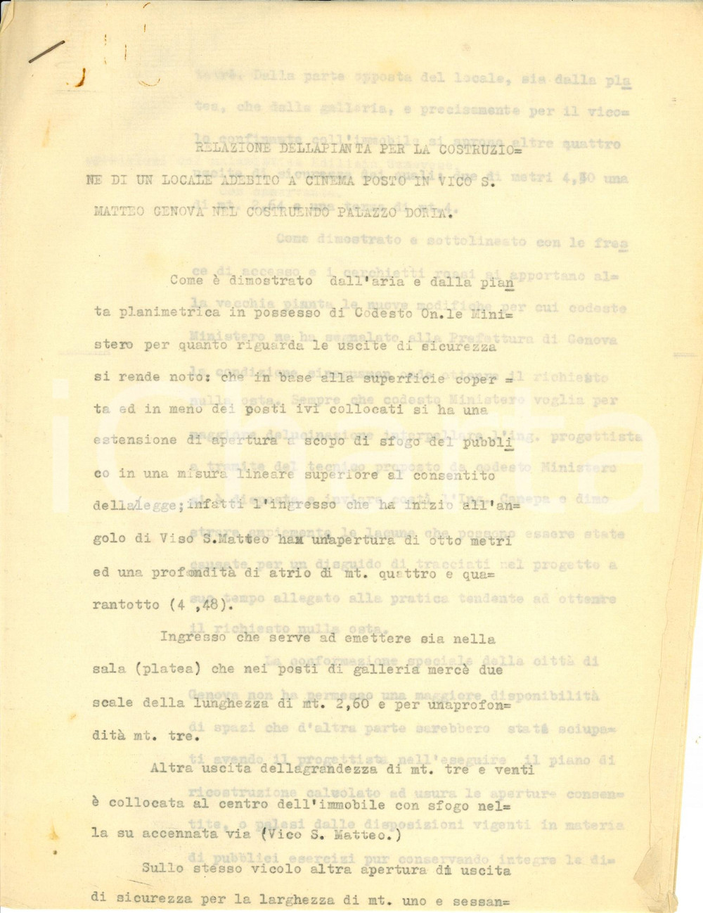Documento originale, autentico 1945 ca GENOVA Relazione per costruzione cinema ARISTON in vico SAN MATTEO 1