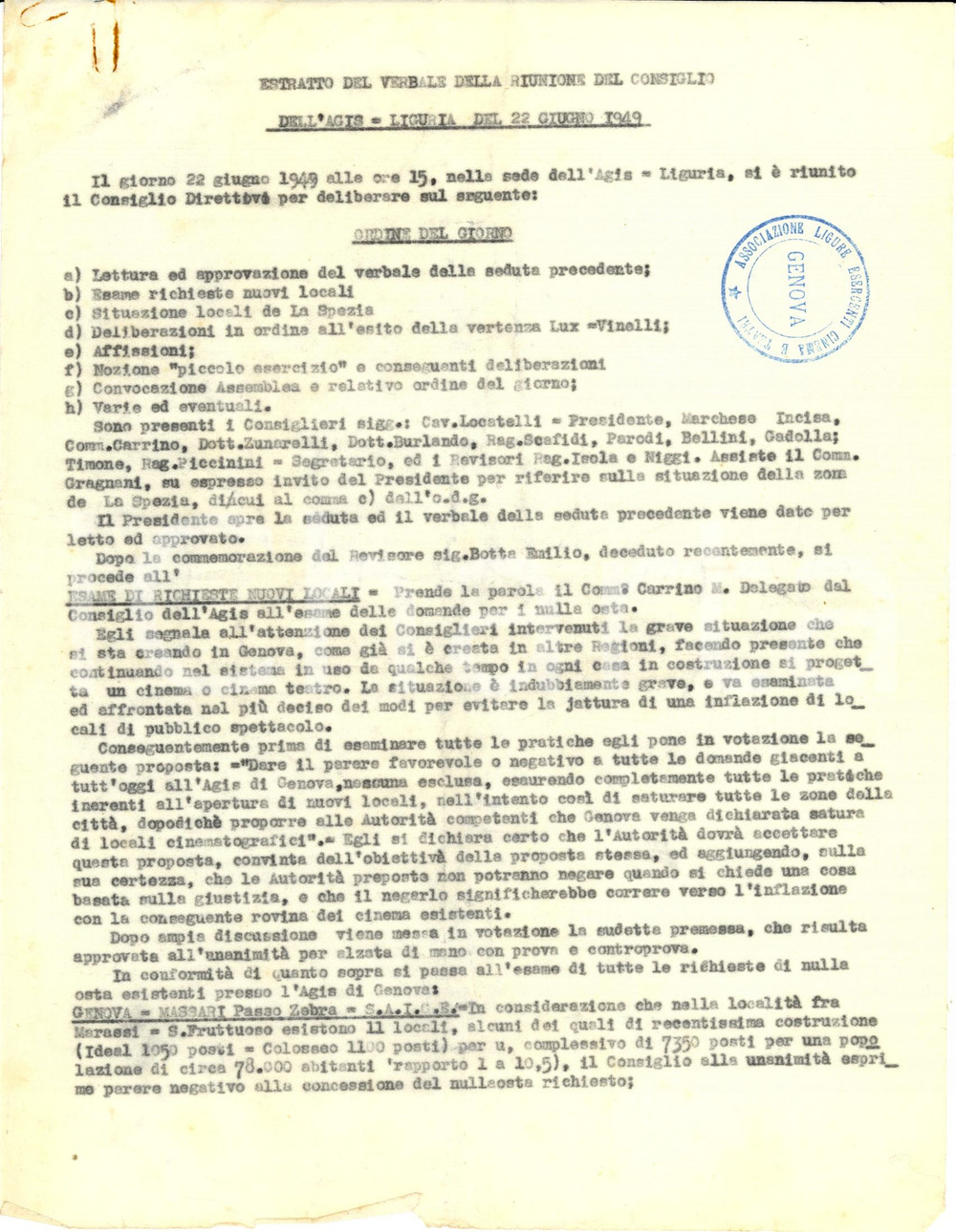 Documento originale, autentico 1949 AGIS GENOVA Nuove licenze e rischio di inflazione di cinema *RARO 1