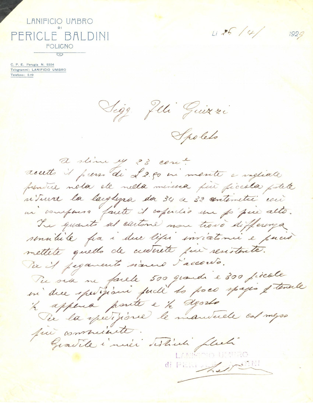 Manoscritto, lettera originale 1929 FOLIGNO (PG) Lanificio Umbro di PERICLE BALDINI ordina cartoni *Lettera 1