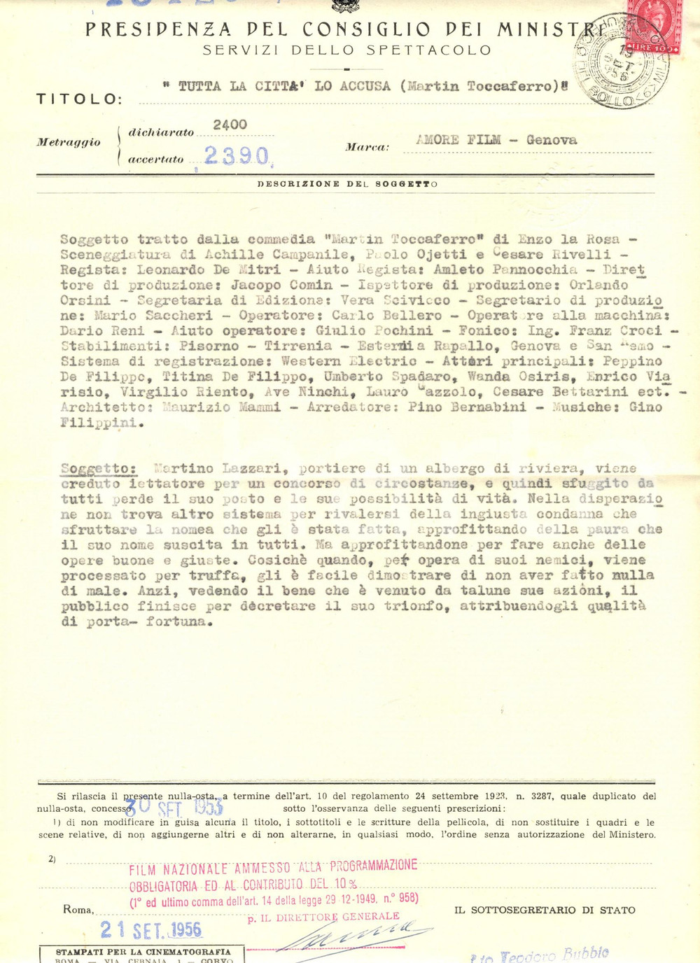 Documento originale, autentico 1953 ROMA CINEMA Nulla osta e soggetto 'Martin Toccaferro' Leonardo DE MITRI 1