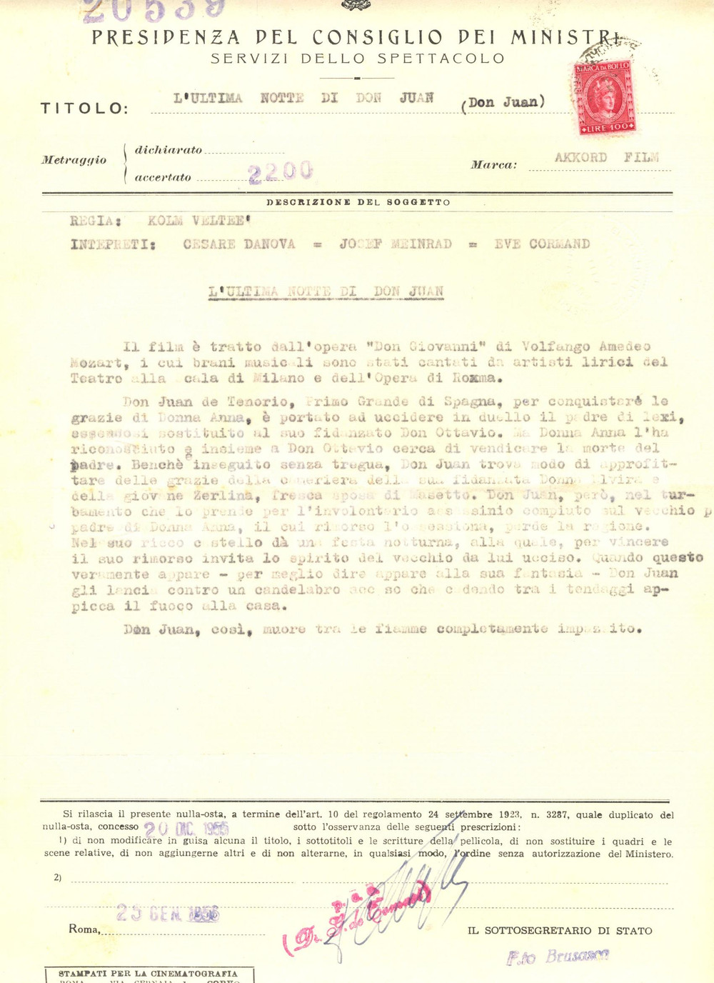 Documento originale, autentico 1955 ROMA CINEMA Nulla osta e soggetto 'L'ultima notte di don Juan' KOLM VELTEE 1