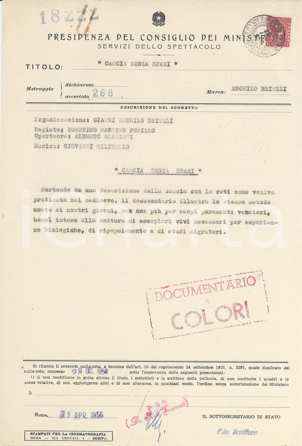 Documento originale, autentico 1956 ROMA CINEMA Nulla osta e soggetto documentario  Caccia senza spari 1