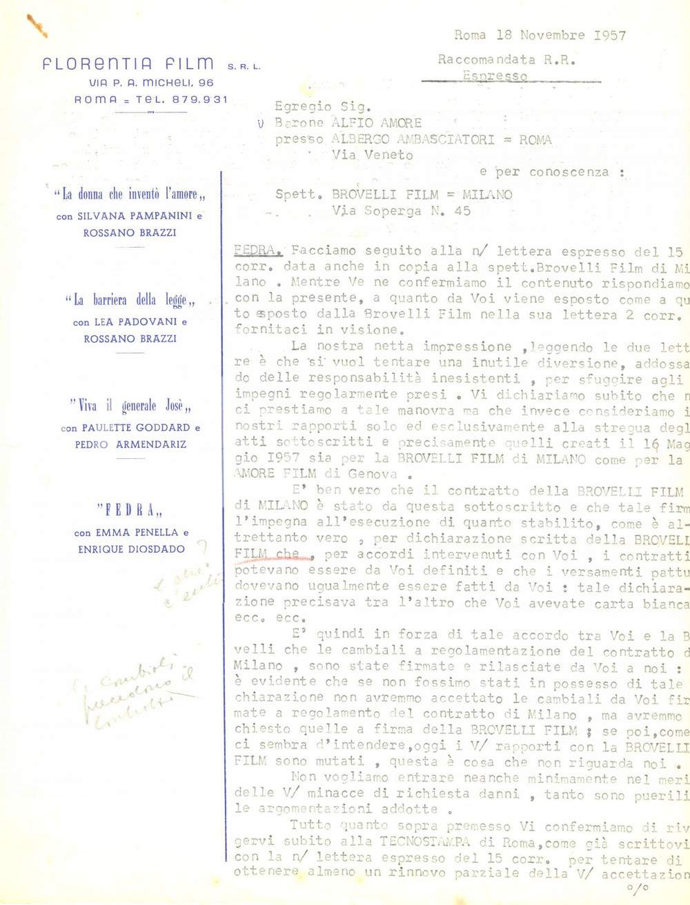 Manoscritto, lettera originale 1957 ROMA FLORENTIA FILM chiede all AMORE FILM di non eludere gli impegni 1