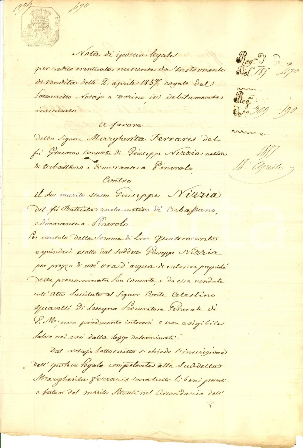 Documento originale, autentico 1857 PINEROLO (TO) Margherita FERRARIS chiede ipoteca contro il marito 1