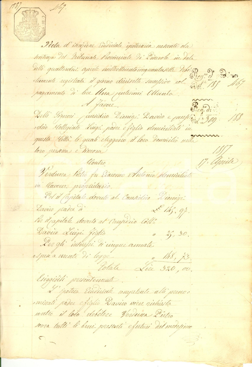 Documento originale, autentico 1857 PINEROLO (TO) Causidico Dionigi DAVICO contro debitore Pietro VERDUNA 1