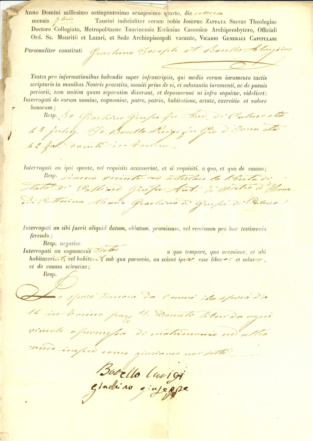 Documento originale, autentico 1864 HONE AO Fede di stato libero di Giuseppe POLLIARD Documento 1