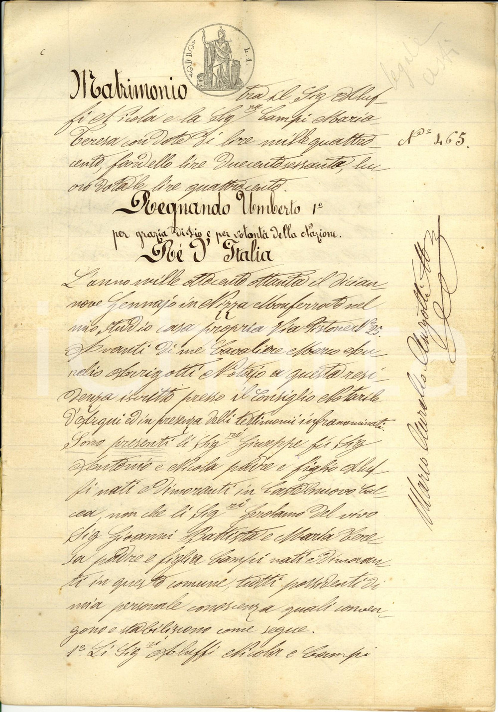 Documento originale, autentico 1880 CASTELNUOVO CALCEA (AT) Contratto matrimonio e dote di Maria Teresa CAMPI 1