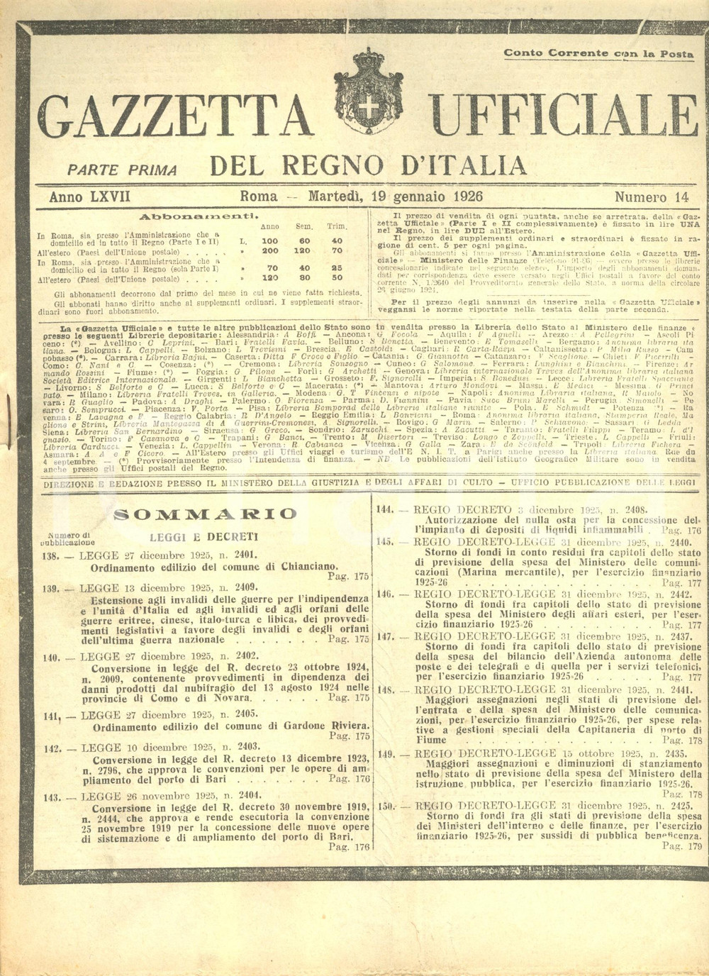 Documento originale, autentico 1926 GAZZETTA UFFICIALE Variazioni bilancio POSTE E TELEGRAFI Prospetti 1
