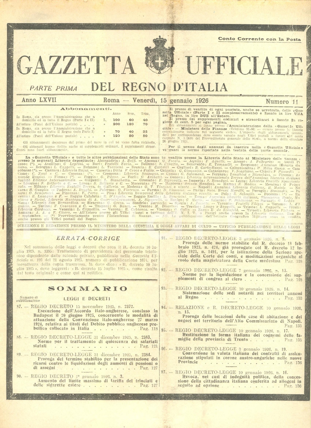 Documento originale, autentico 1926 GAZZETTA UFFICIALE Cognomi famiglie di TRENTO vanno resi in italiano 1
