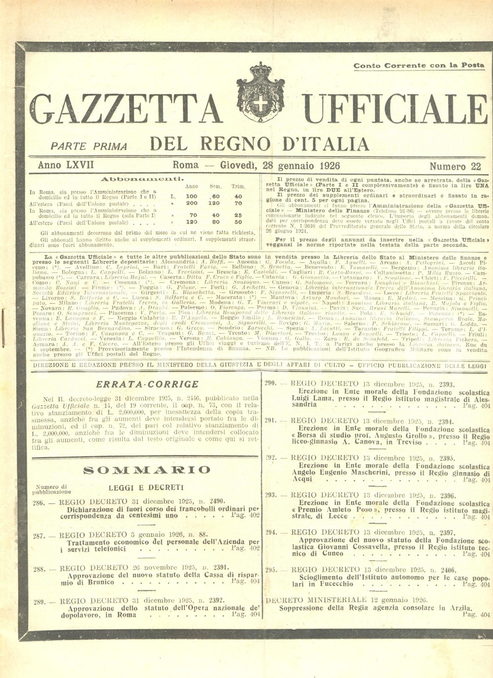 Documento originale, autentico 1926 GAZZETTA UFFICIALE Trattamento economico dipendenti Azienda telefoni 1