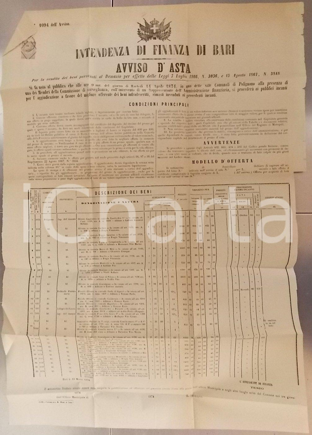 Documento originale, autentico 1874 POLIGNANO (BA) Asta oliveti ex Capitolo dell'ASSUNTA *Manifesto 1