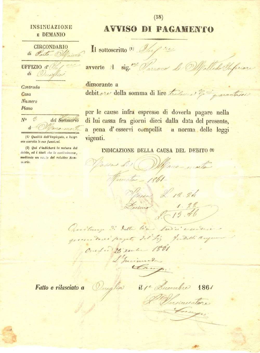 Documento originale, autentico 1861 MOLTEDO IMPERIA Debiti del parroco per cassa di manomorta *Documento 1