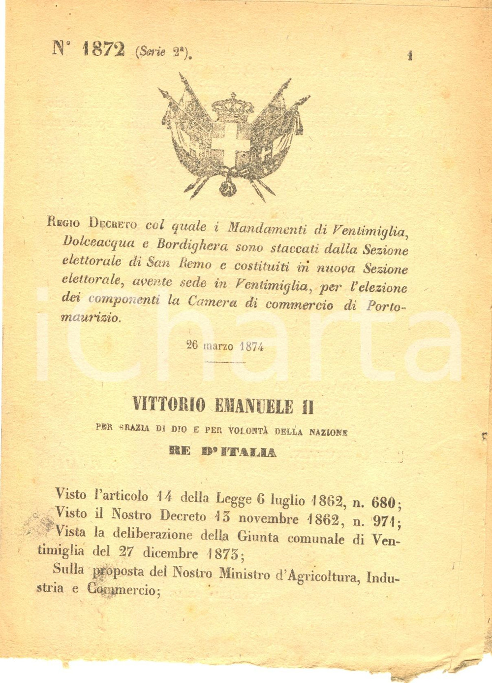 Documento originale, autentico 1874 VENTIMIGLIA (IM) DOLCEACQUA e BORDIGHERA Camera commercio PORTO MAURIZIO 1