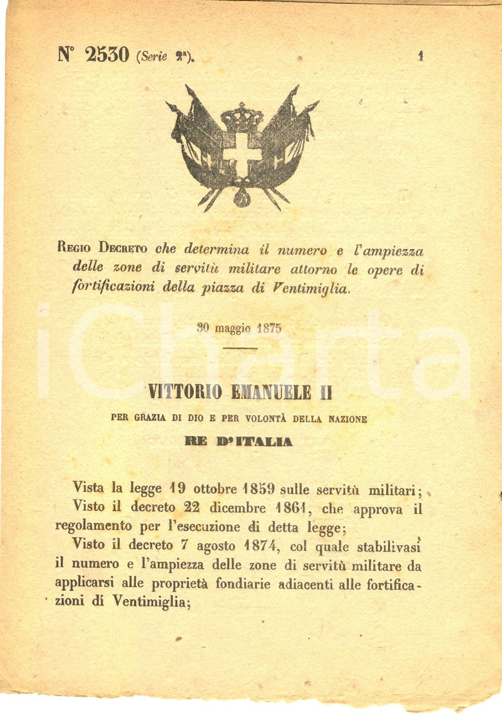 Documento originale, autentico 1875 VENTIMIGLIA IM Zone servitù militare attorno a opere fortificazione 1