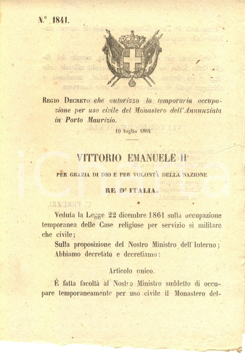 Documento originale, autentico 1864 IMPERIA PORTO MAURIZIO Occupazione temporanea Monastero ANNUNZIATA *Decreto 1