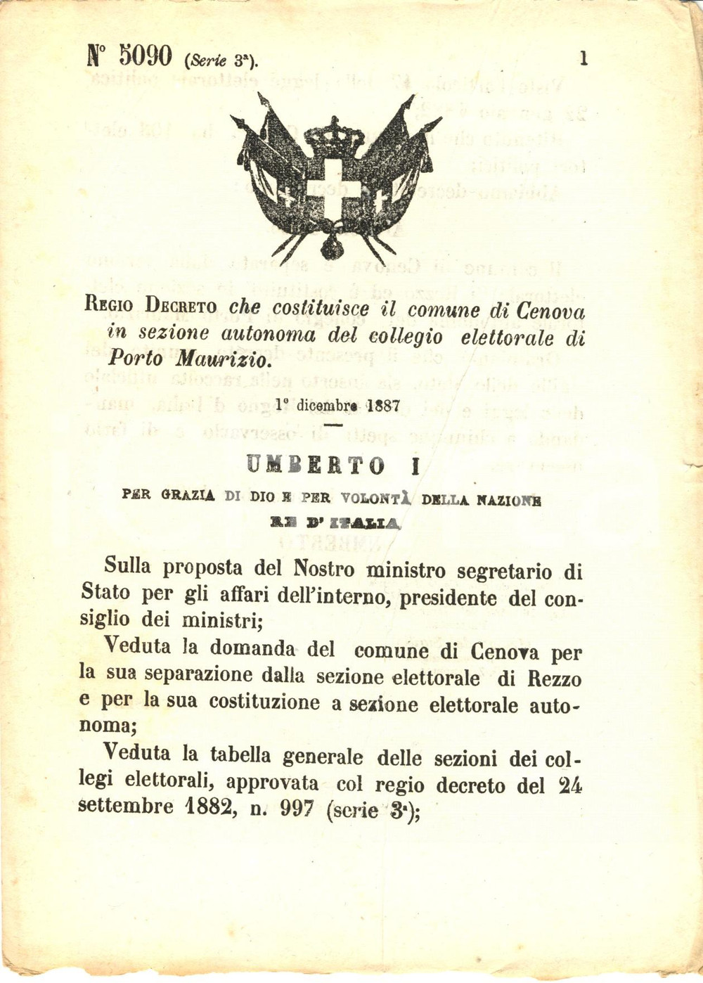 Documento originale, autentico 1887 REZZO IM Costituzione di CENOVA in sezione elettorale autonoma DECRETO 1
