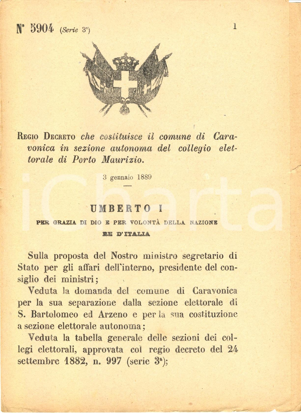 Documento originale, autentico 1889 CARAVONICA IM Separazione da SAN BARTOLOMEO e ARZENO sezione elettorale 1