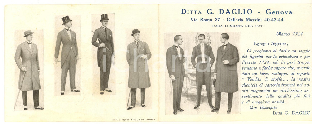 Documento originale, autentico 1924 GENOVA GALLERIA MAZZINI Ditta G. DAGLIO Nuovi figurini primavera ILLUSTRATO 1